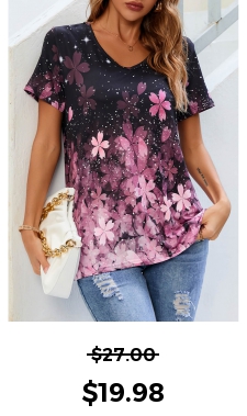 Floral Print V Neck Pink T Shirt