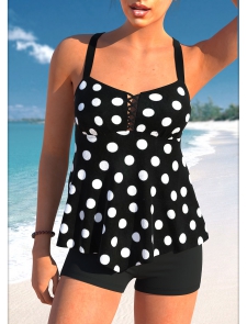 ROTITA Handkerchief Hem Black Polka Dot Tankini Top