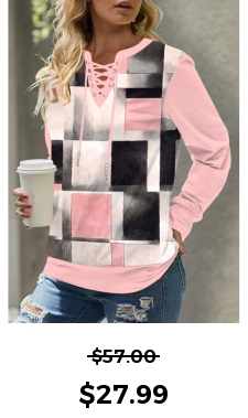 ROTITA Lace Up Plaid Pink Long Sleeve Sweatshirt