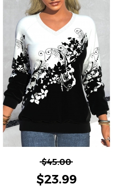 ROTITA Floral Print Black V Neck Long Sleeve Sweatshirt