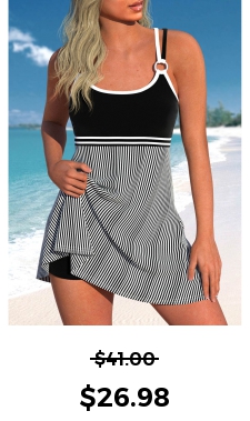 ROTITA Criss Cross Black Striped Swimdress Top