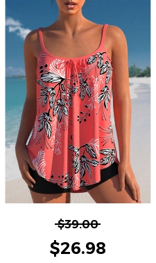 ROTITA Leaf Print Coral Red Bowknot Tankini Top