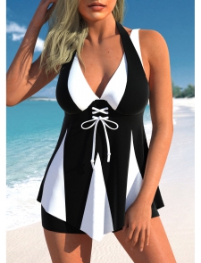 ROTITA Lace Up Contrast Black Swimdress Top