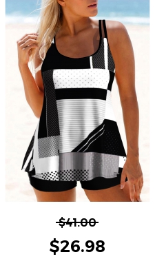ROTITA Geometric Print Black Double Straps Tankini Top