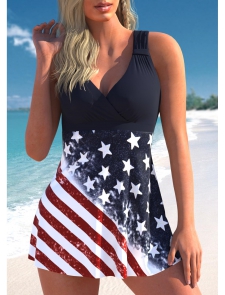 ROTITA Ruched Multi Color American Flag Print Swimdress Top