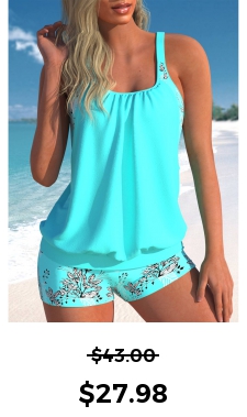 ROTITA Fake 2in1 Cyan Leaf Print Tankini Top
