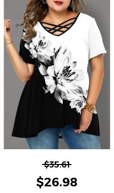 ROTITA Plus Size Cross Strap Floral Print T Shirt