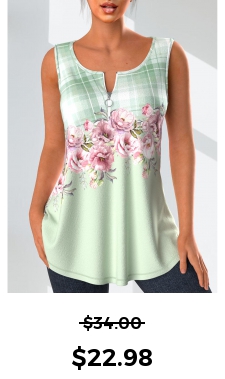 ROTITA Zipper Floral Print Light Green Tank Top