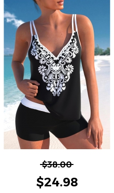 ROTITA Black Double Straps Tribal Print Tankini Top