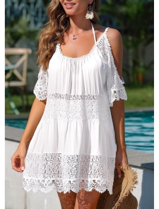 Lace Cold Shoulder White Cover Up