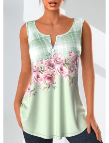 ROTITA Zipper Floral Print Light Green Tank Top