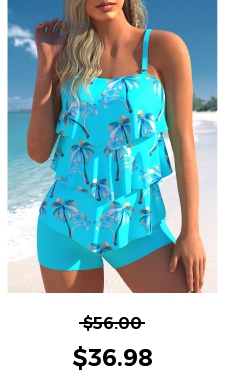 ROTITA Coconut Tree Print Cyan Layered Hem Tankini Set