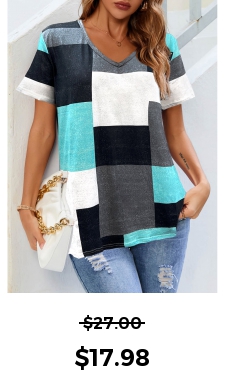 Short Sleeve Cyan Contrast V Neck T Shirt