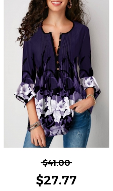 ROTITA Flare Cuff Floral Print Crinkle Chest Blouse