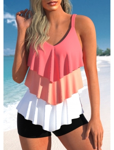 ROTITA Layered Handkerchief Hem Coral Red Tankini Top