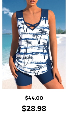 ROTITA Criss Cross Navy Tropical Plants Print Tankini Top