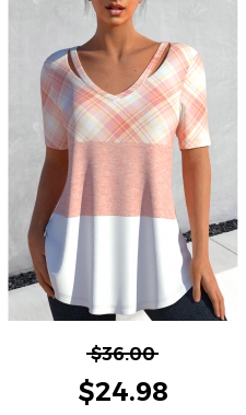 ROTITA Cut Out Plaid Light Pink T Shirt