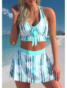 ROTITA Bowknot Cyan Leaf Print Bikini Top
