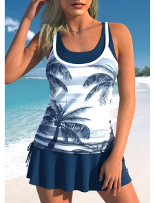 ROTITA Fake 2in1 Navy Tropical Plants Print Tankini Top