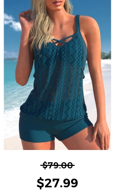 ROTITA Peacock Blue Lace Stitching Cross Strap Tankini Set