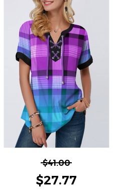 ROTITA Short Sleeve Plaid Print Lace Up Blouse