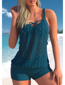 ROTITA Peacock Blue Lace Stitching Cross Strap Tankini Set