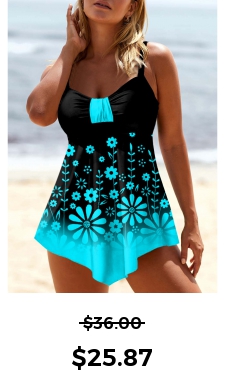 ROTITA Floral Print Ombre Cyan Swimdress Top