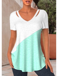 ROTITA Patchwork Mint Green V Neck T Shirt
