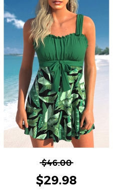 ROTITA Bowknot Green Leaf Print Swimdress Top