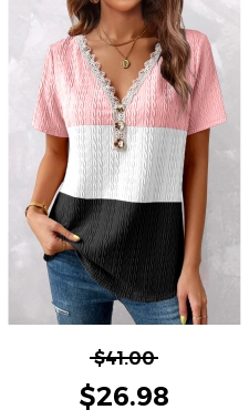 ROTITA Lace Pink V Neck Short Sleeve T Shirt