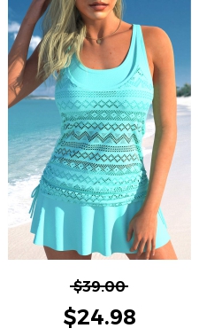 ROTITA Lace Stitching Layered Cyan Tankini Top