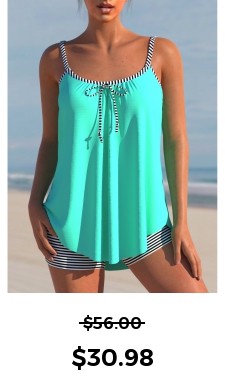 ROTITA Striped Bowknot Cyan Spaghetti Strap Tankini Set