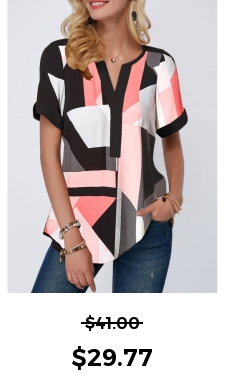 ROTITA Split Neck Geometric Print Short Sleeve Blouse