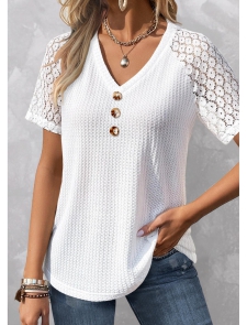 ROTITA Patchwork White V Neck Short Sleeve T Shirt