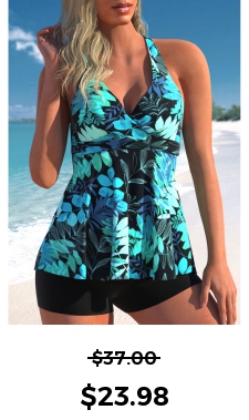 ROTITA Cross Strap Cyan Tropical Plants Print Tankini Top