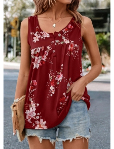Button Floral Print Wine Red Tank Top