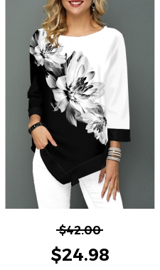 ROTITA Asymmetric Hem Three Quarter Sleeve Flower Print T Shirt