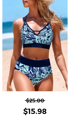 ROTITA Cut Out Cyan Floral Print Bikini Top