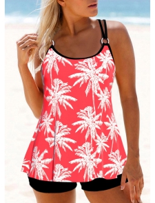 ROTITA Metal Ring Coral Red Leaf Print Tankini Top