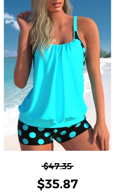 ROTITA Polka Dot Cyan Wide Strap Blouson Tankini Set