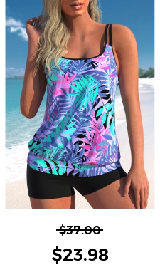 ROTITA Multi Color Double Straps Leaf Print Tankini Top