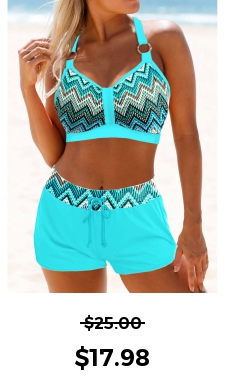 ROTITA Metal Ring Cyan Geometric Print Bikini Top