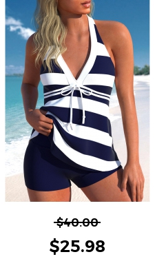 ROTITA Bowknot Navy Halter Striped Tankini Top