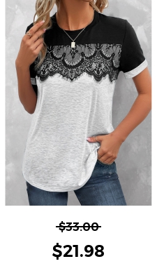 ROTITA Lace Grey Round Neck Short Sleeve T Shirt