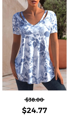 ROTITA Floral Tie Dye Print Dusty Blue Cutout T Shirt