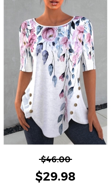 ROTITA Decorative Button Petal Hem Floral Print T Shirt