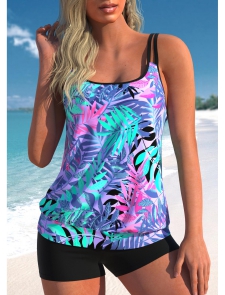 ROTITA Multi Color Double Straps Leaf Print Tankini Top