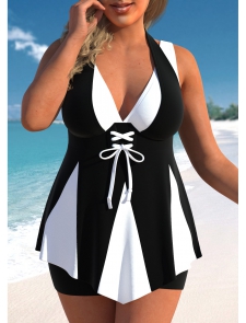 ROTITA Lace Up Black Plus Size Swimdress Top