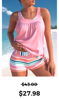 ROTITA Bowknot Pink Multi Stripe Print Tankini Top