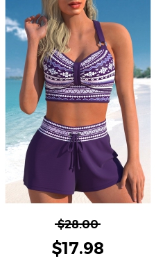 ROTITA Metal Ring Purple Tribal Print Bikini Top